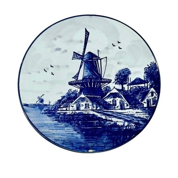 Delft Blue Holland Vintage Porcelain Hand-painted 6 Inch Windmill Seaside Plate - Picture 1 of 12